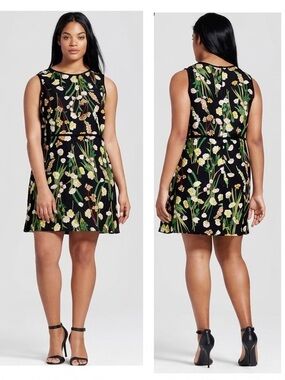 Victoria Beckham Target Floral Garden Mini Dress M Black Stretch Pink Green Crew